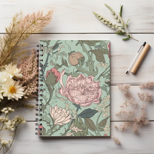 Green Floral Journal or Notebook. Minimalist, Notes Spiral Notebook - Ruled Line