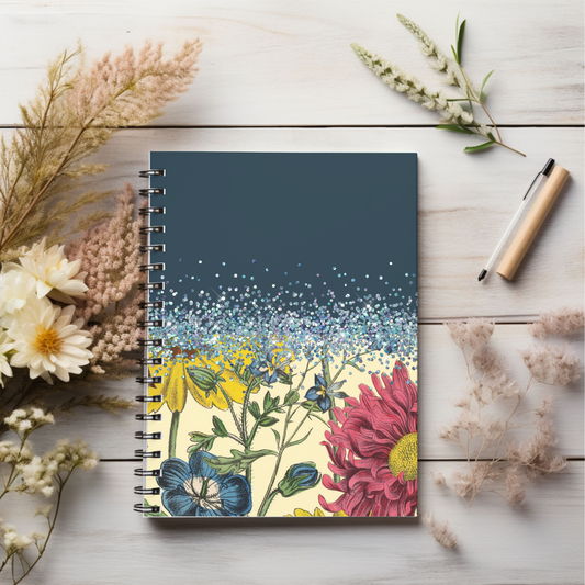 Blue & Glitter floral  journal or Notebook.  minimalist, Notes Spiral Notebook - Ruled Line