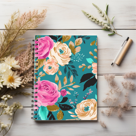 Beautiful floral, pink peach, and teal journal or Notebook.  minimalist, Notes Spiral Notebook - Ruled Line