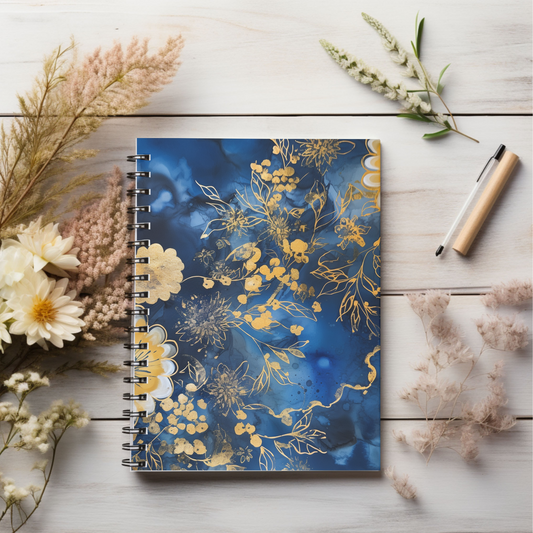 Golden blue floral journal or Notebook. Notes Spiral Notebook - Ruled Line