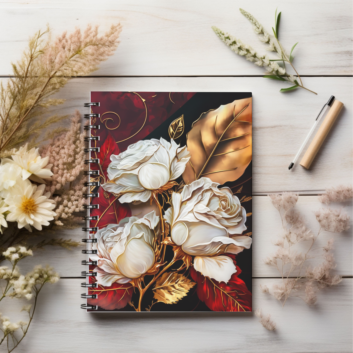 Elegant, red, white and gold floral  journal or Notebook.  minimalist, Notes Spiral Notebook - Ruled Line