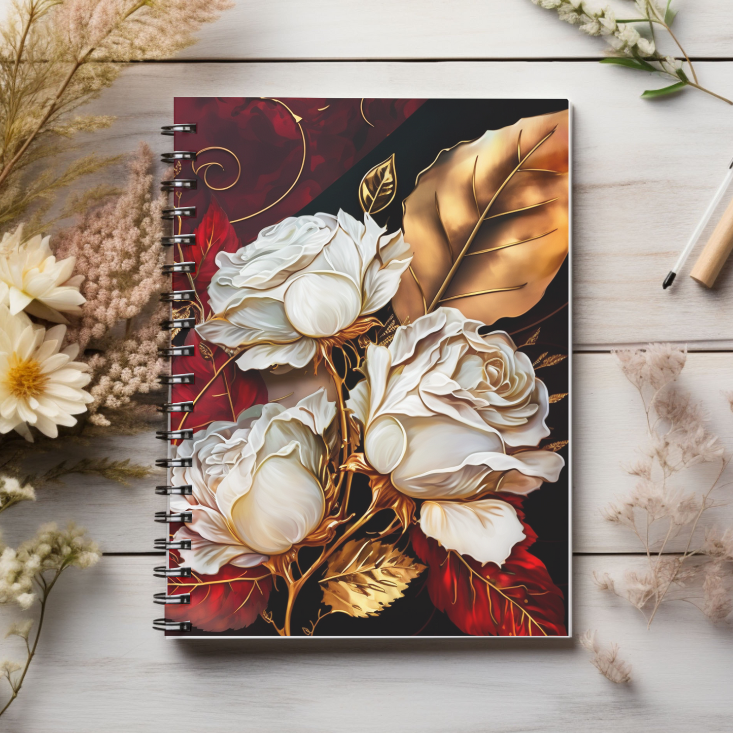 Elegant, red, white and gold floral  journal or Notebook.  minimalist, Notes Spiral Notebook - Ruled Line