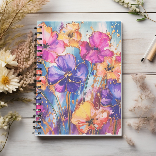 Purple, Orange & Pink Floral  journal or Notebook Minimalist, Notes Spiral Notebook - Ruled Line