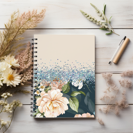 Blue and Beige Glitter floral  journal or Notebook.  minimalist, Notes Spiral Notebook - Ruled Line