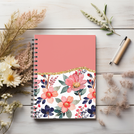 Pink, Blue & Green Floral Journal or Notebook. Minimalist, Notes Spiral Notebook - Ruled Line