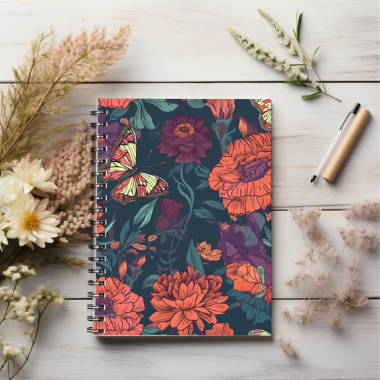 Red Navy & Purple Floral journal or Notebook Minimalist, Notes Spiral Notebook - Ruled Line